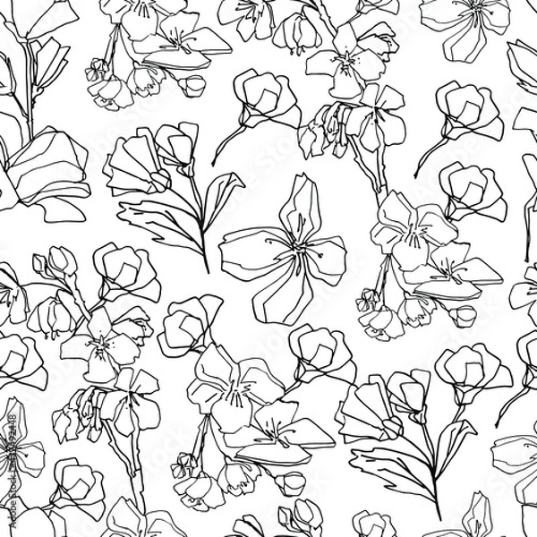 Fototapeta Pattern with sakura buds, apple cherry blossom. Medicinal herbs, rapeseed. Beautiful hand-drawn graphics. For textile, wallpaper, design, paper, banner. Stock graphics, isolate. 