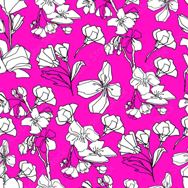 Fototapeta Pattern with sakura buds, apple cherry blossom. Medicinal herbs, rapeseed. Beautiful hand-drawn graphics. For textile, wallpaper, design, paper, banner. Stock graphics, isolate. 