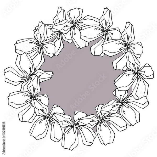 Fototapeta Round frame with buds of sakura, apple-cherry tree. Medicinal herbs, rapeseed. Beautiful hand-drawn graphics, coloring book for children. For textile, design, paper, banner. Stock graphics, isolate on