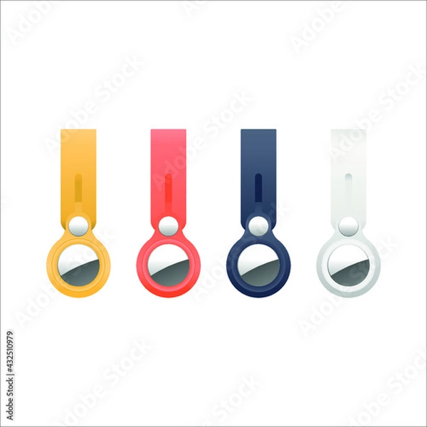 Obraz Set of Apple airtag's,  vector illustration of a yellow, orange, blue and white rubber AirTag key ring, lost and found, track and trace device, nfc chip