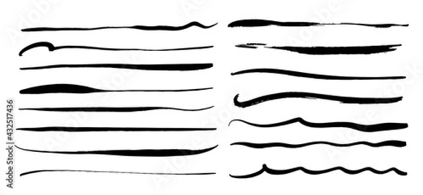 Fototapeta Set of vector ink brush strokes, dry brush lines. Grunge artistic design elements.