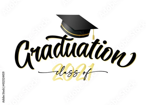 Fototapeta Graduation 2021, golden lettering with square academic cap. Сlass of 2021, congratulation concept for design high school party or college. Vector illustration for graduate invitations