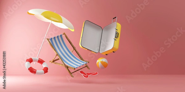 Fototapeta Summer Concept. Suitcase with Different Accessories for Vacation Levitation on pink studio background