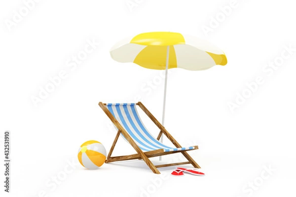 Fototapeta Summer Concept. Deck Chair with Sunshade and Color Beach Ball on white background