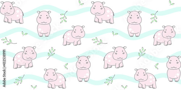 Fototapeta Cute pink hippo and twigs with leaves on a white background with waves. Endless texture with behemoth. Vector seamless pattern for kids wallpaper, cover, wrapping paper, packaging and surface texture