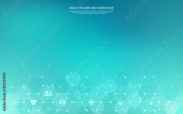 Fototapeta Medical background and healthcare technology with flat icons and symbols. Concept and idea for health care business, innovation medicine, health safety, science, medical research, and development.