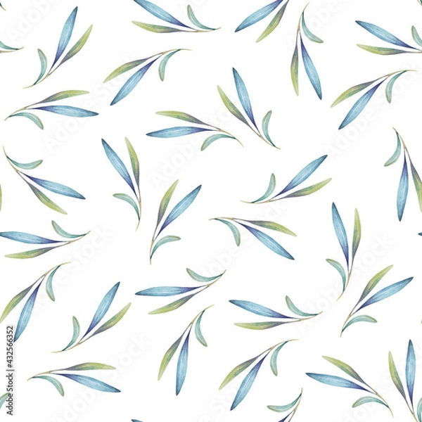Obraz Blue and green leaves, watercolor seamless pattern for scrapbooking, print, paper, white background