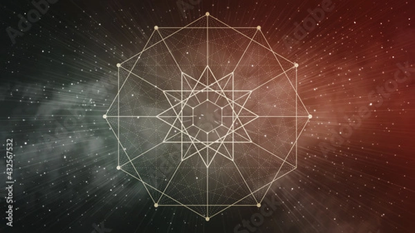 Obraz Muted green and red sacred geometry, space background - zoom, abstract, line art, dodecagram, dodecagon