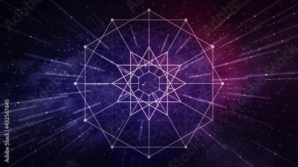 Fototapeta Purple and pink sacred geometry, space background - abstract, line art, dodecagram, dodecagon