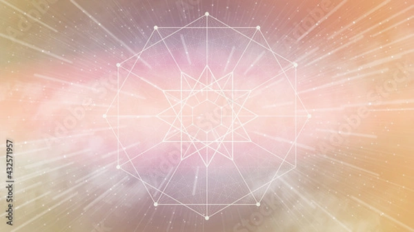 Obraz Sacred geometry dodecagram, dodecagon- fantasy pastel sky with clouds and stars - yellow, orange, white