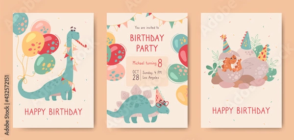 Obraz Happy birthday, postcards with dinosaurs and invitation to holiday. Stegosaurus, brontosaurus, and a small newborn dinosaur that hatched from an egg. Dinos on holiday cards for kids. Vector, cartoon.
