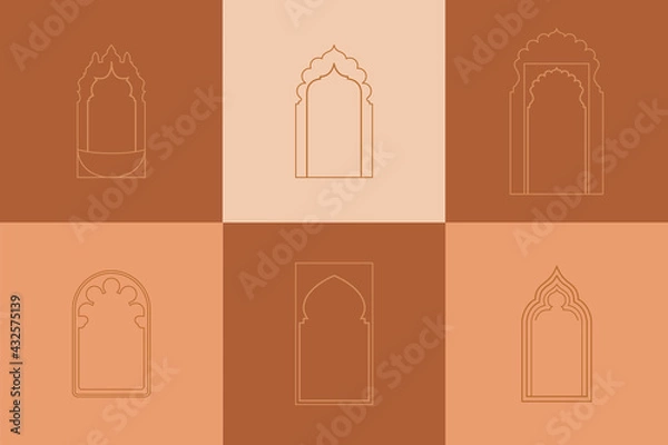 Fototapeta Vector arched elements, different window in linear style for logos, emblems, badges, in moroccan style. 