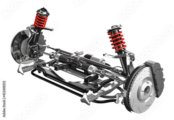 Fototapeta Car suspension and disk brake isolated on white background. 3D rendering image.