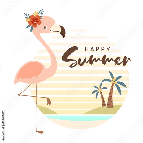 Obraz Cute pink flamingo with tropical summery background scene. Whimsical flamingo character and beach scene in cartoon style.