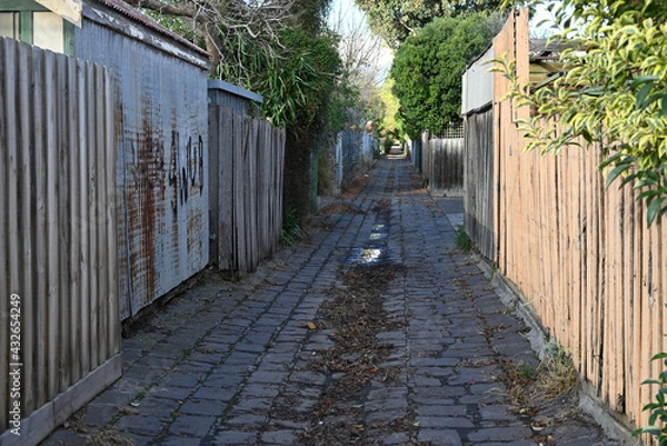 Fototapeta A bluestone laneway in metropolitan Melbourne, on a sunny autumn day