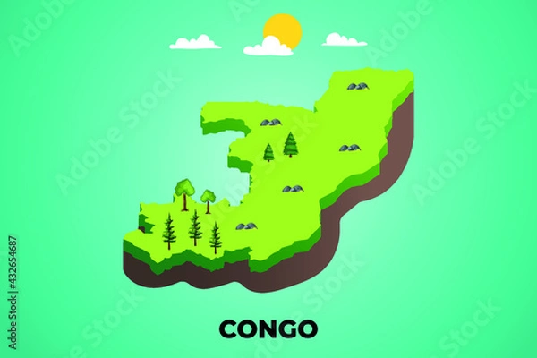Fototapeta Congo 3d isometric map with topographic details mountains, trees and soil vector illustration design