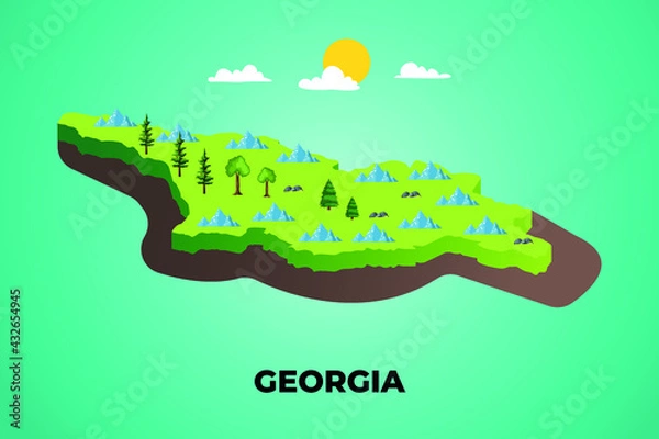 Fototapeta  Georgia 3d isometric map with topographic details mountains, trees and soil vector illustration design