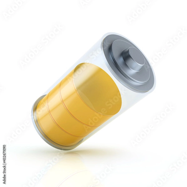 Obraz Glossy transparent battery symbol charge indicator on white background. Middle power status concept design. 3d render
