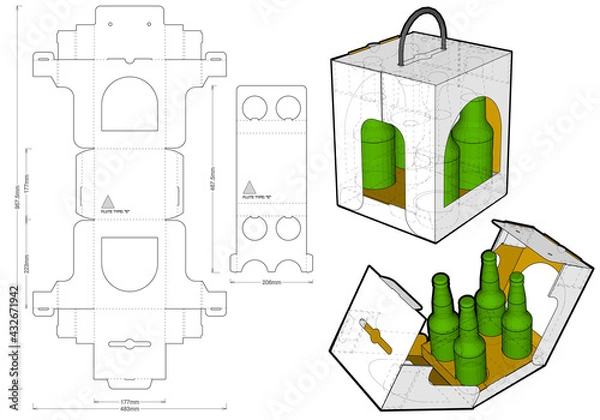 Fototapeta Packaging for four bottle of beer and Die-cut Pattern. Ease of assembly, no need for glue. The .eps file is full scale and fully functional. Prepared for real cardboard production.