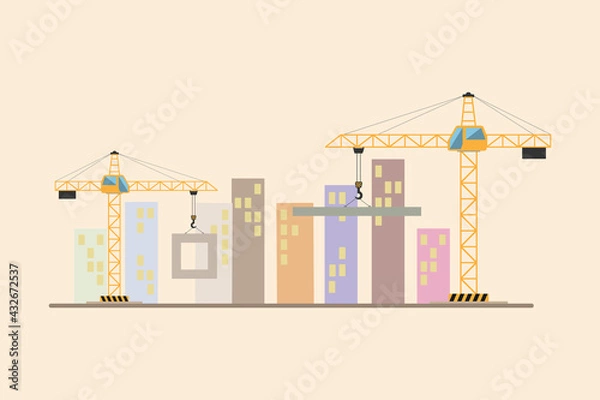 Fototapeta Cranes and houses under construction on a light beige background. Vector illustration. A ready-made design or template for further work.