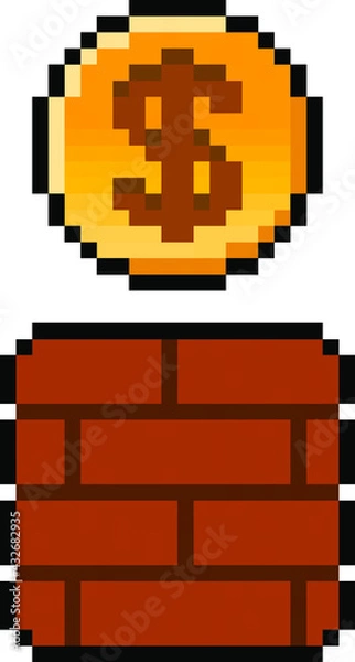 Fototapeta Pixel dollar coin coming out of gaming block - isolated, vector