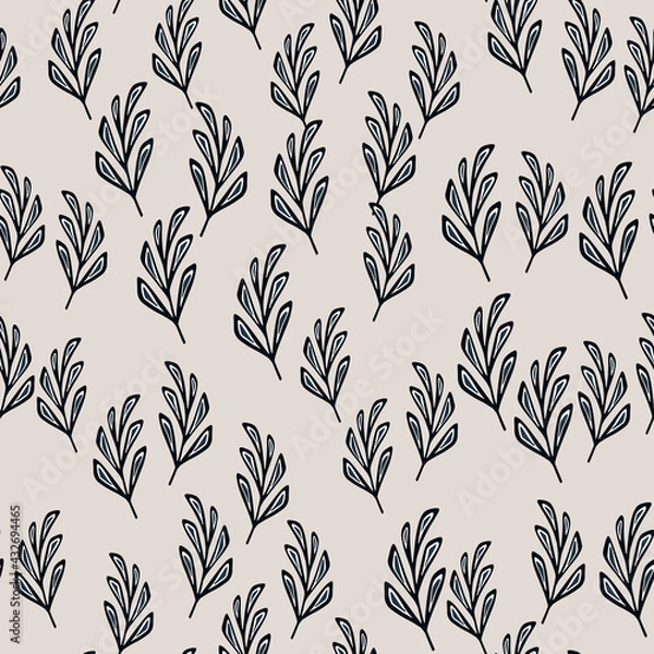Fototapeta Geometric foliage branches little random seamless pattern. Grey background. Navy blue botanic print.