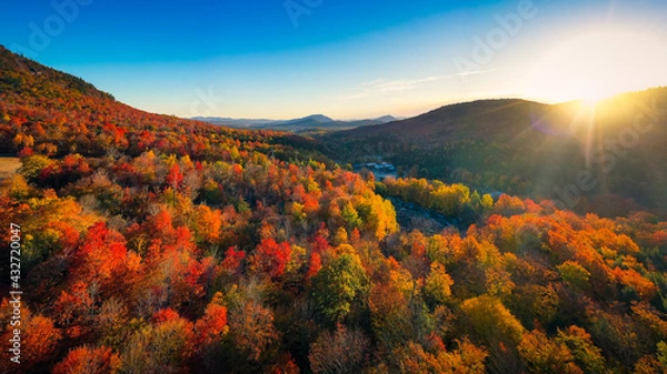 Obraz Aerial view of Mountain Forests with Brilliant Fall Colors in Autumn at Sunrise, New England