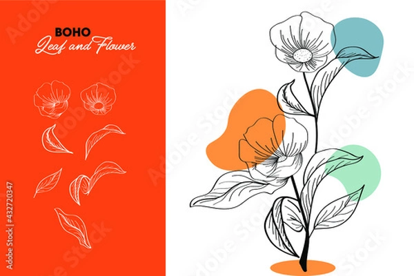 Fototapeta Floral line art with leaf