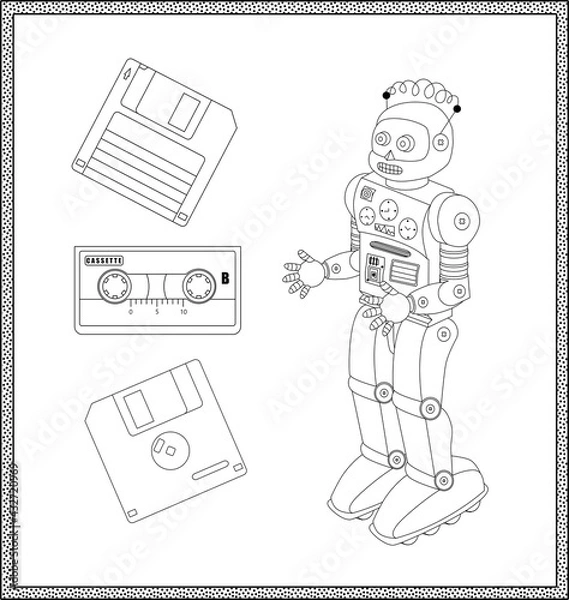 Fototapeta Set of 4 retro technology elements. Robot, cassette, floppy disk (both sides). Coloring book page. Clipart. Isolated vector elements.