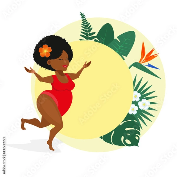 Fototapeta Dancing black African-American, plus-size model in a red swimsuit, standing on a blue background with tropical leaves. Summer time. Recreation and entertainment.