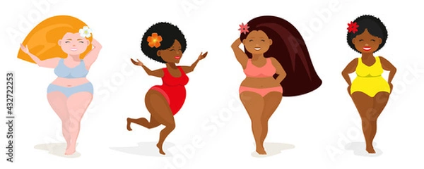 Fototapeta Multi-races women plus sizes in different positions in bikinis. Body positive concept. Attractive overweight girls. For the movement of fat intake. All elements are isolated.