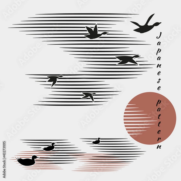 Fototapeta Ducks, geese fly into bright sun. Sea, clouds in sky on white background with black birds. Minimalistic pattern in Japanese style. Vector illustration, birds in form of hieroglyphs.