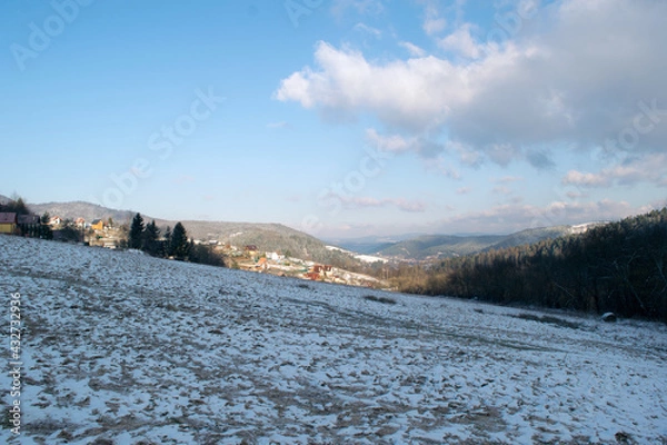 Fototapeta Snowý meadow in the morning in winter