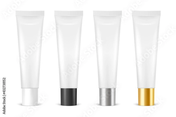 Fototapeta Vector 3d Realistic Plastic, Metal White Lip Balm, Lipstick, Cream Tube, Packing Set Isolated on White Background. Design Template of Toothpaste, Cosmetics, Cream, Tooth Paste for Mockup. Front View
