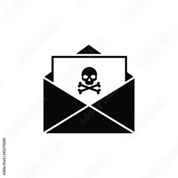 Obraz Spam email. An open envelope with a skull and crossbones. The concept of cybercrime, fraud, phishing, malicious software. Solid black vector icon isolated on a white background