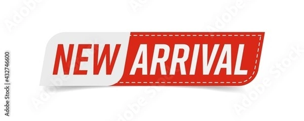 Fototapeta New arrival label, badge or banner design element template. Clothes tag layout with message pointing on new item from renewed collection. Vector illustration isolated on white background
