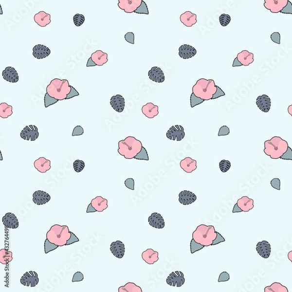 Obraz 夏 南国の葉っぱと薄ピンクのハイビスカス シームレスパターン 水色背景