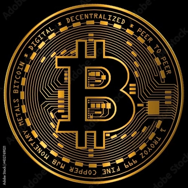 Fototapeta Gold coin bitcoin isolate on a high quality black background. 3d rendering illustreation.