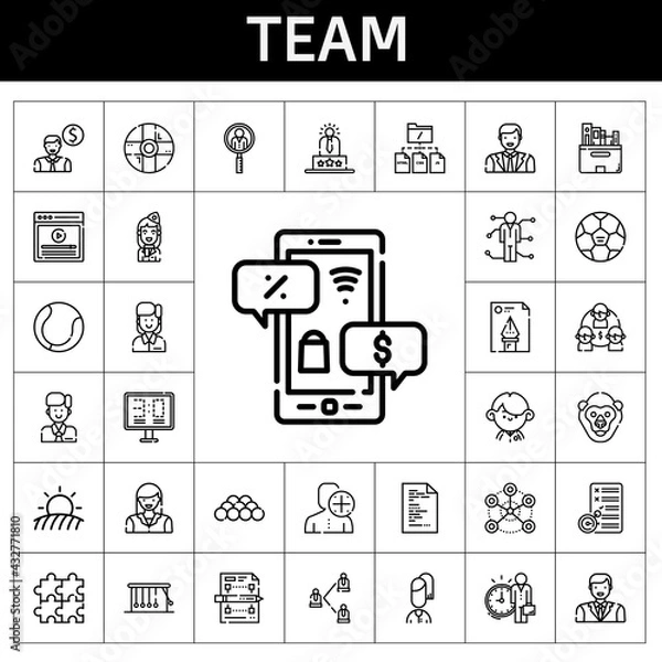 Fototapeta team icon set. line icon style. team related icons such as woman, student, video, employee, newtons cradle, network, skills, ball, file, negotiation, man, scoreboard, gorilla