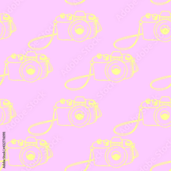 Fototapeta Seamless outline pattern with photo camera. Vector illustration for print, wrapping paper, website, blog and design. Backgrounds and textures on the subject of photography and journalism