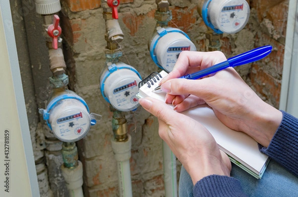 Obraz Woman taking a reading from a water meter. Household water consumption, cost of water, utilities concept.