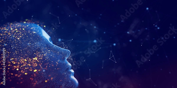 Fototapeta Big data and artificial intelligence concept. Machine learning and cyber mind domination concept in form of women face on dark blue technology background, 3d illustration.