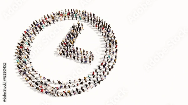 Fototapeta Concept conceptual large community of people forming the clock icon. 3d illustration metaphor for time, countdown,  chronometer, business and deadline