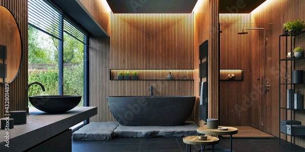 Fototapeta Bathroom interior design with matte black bath and modern shower