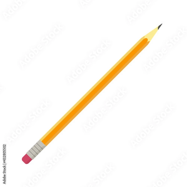 Fototapeta Flat vector illustration of simple lead pencil of orange and yellow color with pink rubber eraser. Isolated on white background