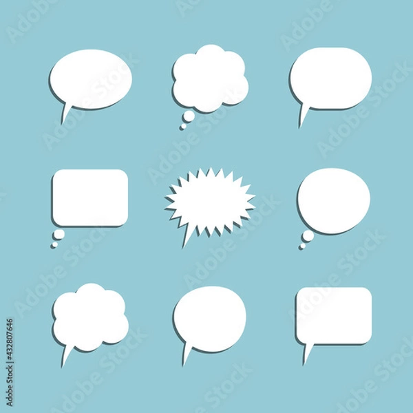 Fototapeta Set of nine simple white speech and think bubbles with shadows, empty and isolated on blue background