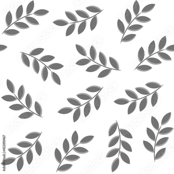 Obraz Grey foliage seamless pattern. Branches with leaves on white background. Trendy flat style, floral decoration and backgrounds. Vector illustration
