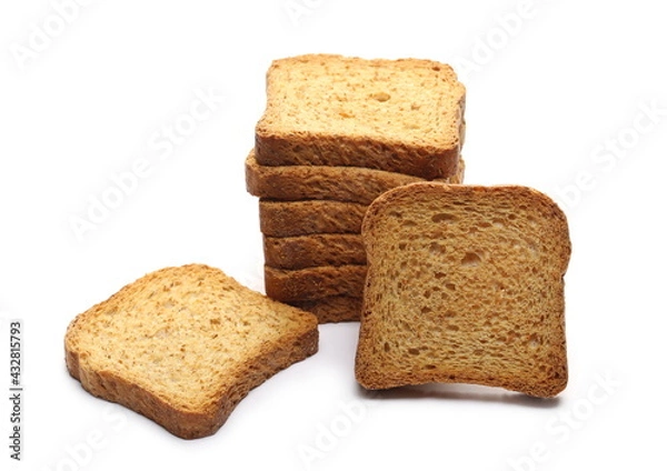 Obraz Wholemeal crackers, bread rusks pile, toast slices isolated on white background