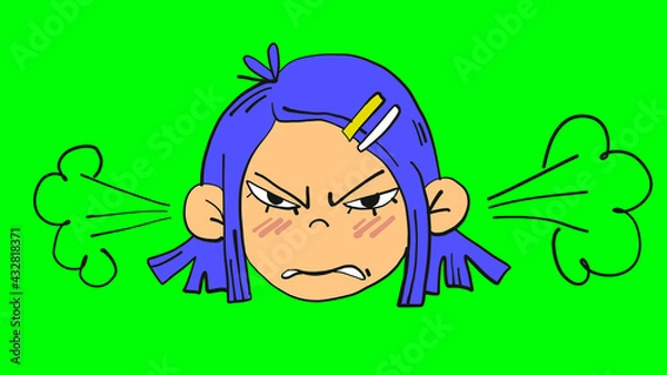 Obraz Angry girl face with steam from ears in cartoon style. Isolated on green screen illustration