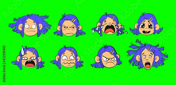 Fototapeta Set of girls faces with different emotions in cartoon style. Isolated on green screen illustration